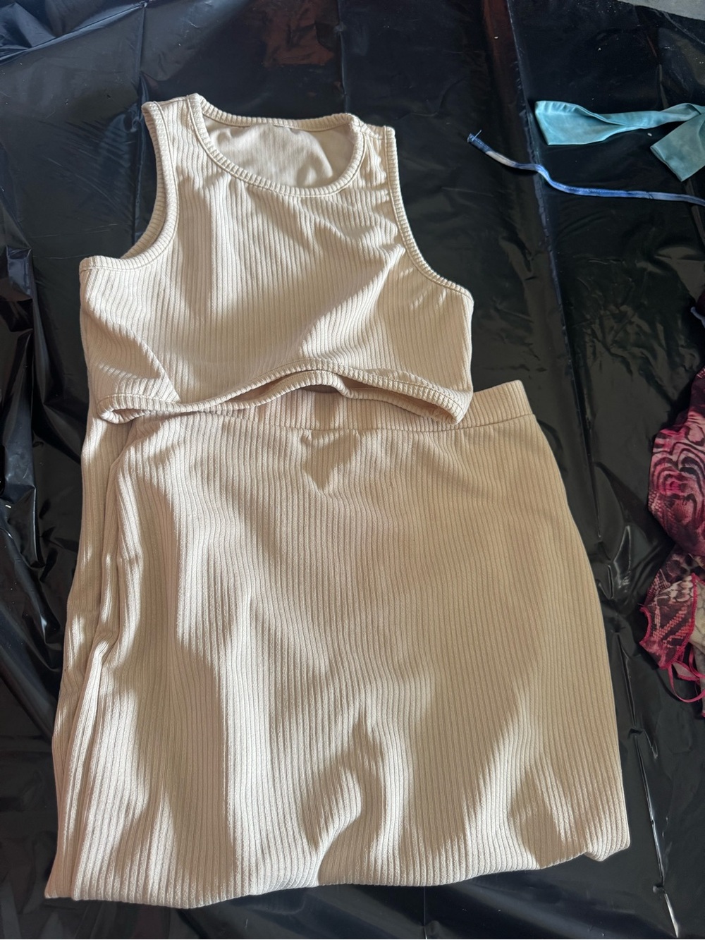 Ribbed Tank and Skirt Set - Beige